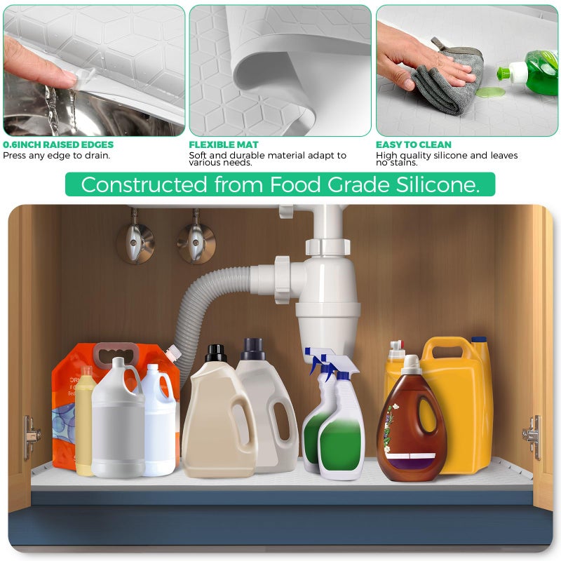 TRZZ Silicone Waterproof Under Sink Mat 34" x 19", Drip Tray and Cabinet Liner for Kitchen and Bathroom, Prevents Water Damage and Organizes Cabinets (Light Grey) - Image 3