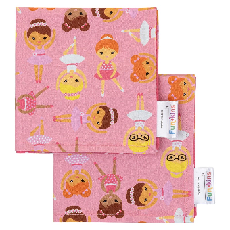 Funkins Reusable Cloth Napkins for Kids 12x12 2Ply Thick Absorbent Durable Machine Washable Name Tag Soft Cotton Fabric Great for School Lunchboxes Set of 2 Napkins Ballerinas