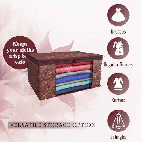 Kuber Industries (Pack of 12) Saree Covers | Foldable Storage Bag for Almirah & Wardrobe | Non-Woven Saree Bags (9 Inch) Clothes Bag for Women (Golden Print) Sari Cover Bags | Maroon - Image 4