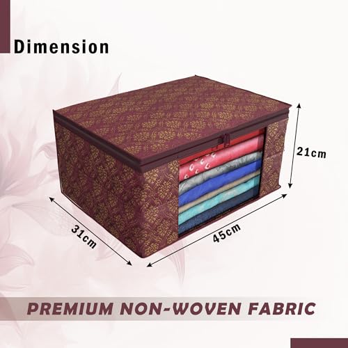 Kuber Industries (Pack of 12) Saree Covers | Foldable Storage Bag for Almirah & Wardrobe | Non-Woven Saree Bags (9 Inch) Clothes Bag for Women (Golden Print) Sari Cover Bags | Maroon - Image 3