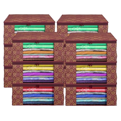 Kuber Industries (Pack of 12) Saree Covers | Foldable Storage Bag for Almirah & Wardrobe | Non-Woven Saree Bags (9 Inch) Clothes Bag for Women (Golden Print) Sari Cover Bags | Maroon - Image 1