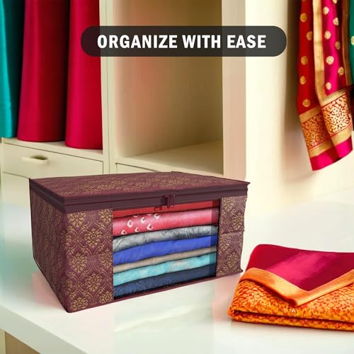 Kuber Industries (Pack of 12) Saree Covers | Foldable Storage Bag for Almirah & Wardrobe | Non-Woven Saree Bags (9 Inch) Clothes Bag for Women (Golden Print) Sari Cover Bags | Maroon - Image 5