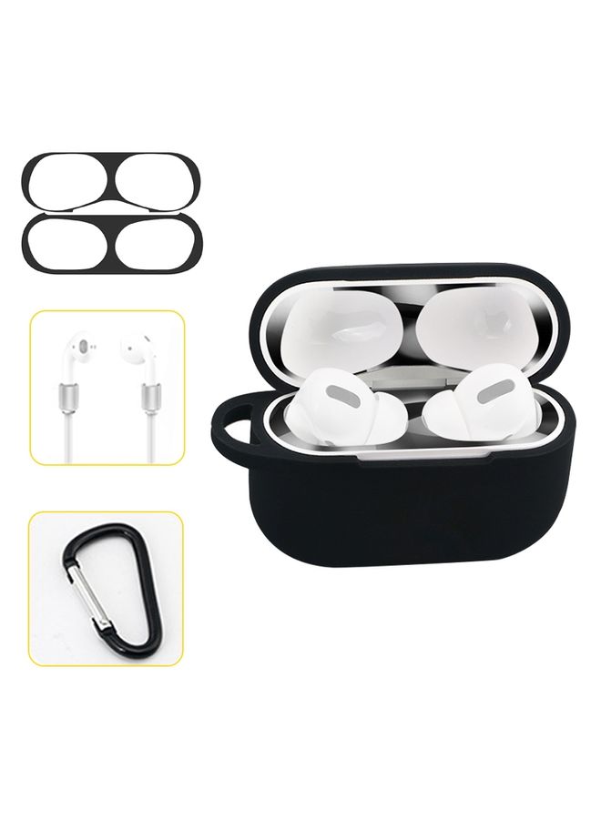 Case Cover For AirPods Pro Silicone Wireless Earphone Protective Case Storage Box with Hook & Anti-drop Rope Black+Black Inner Sticker