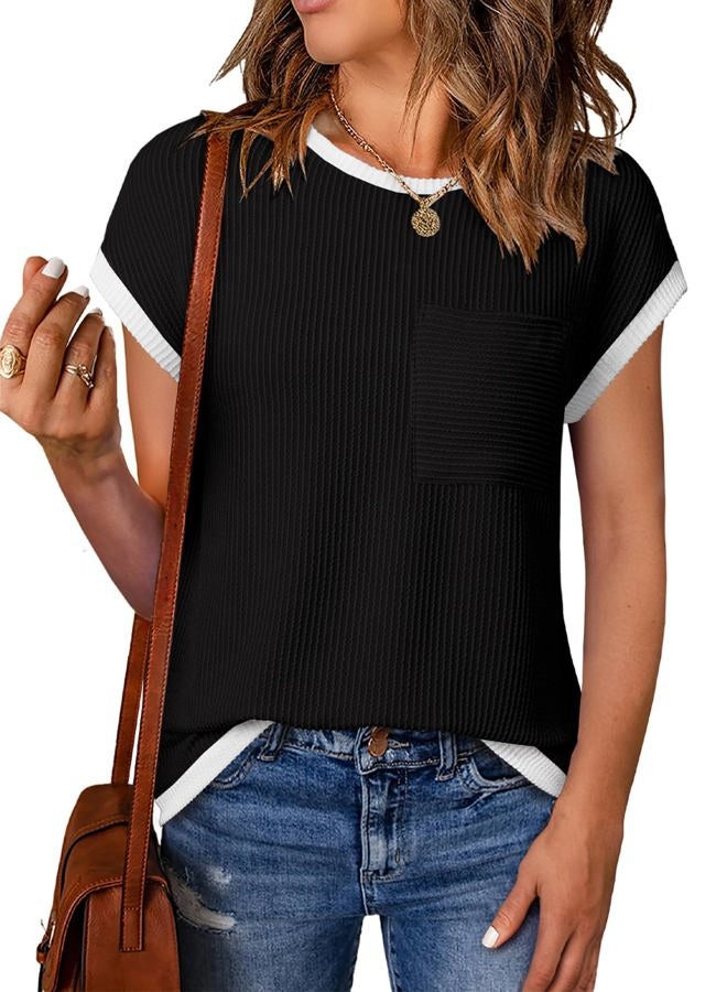 EVALESS Women's Short Sleeve T Shirts Crewneck Color Block Ribbed Knit Tee Blouses 2025 Trendy Summer Tops, Black, S - Image 1