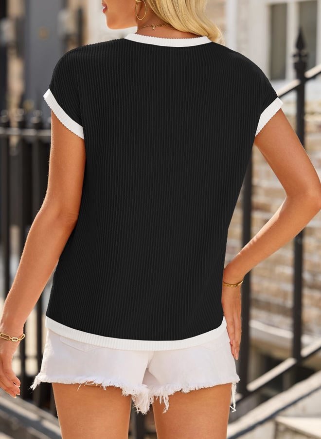 EVALESS Women's Short Sleeve T Shirts Crewneck Color Block Ribbed Knit Tee Blouses 2025 Trendy Summer Tops, Black, S - Image 3