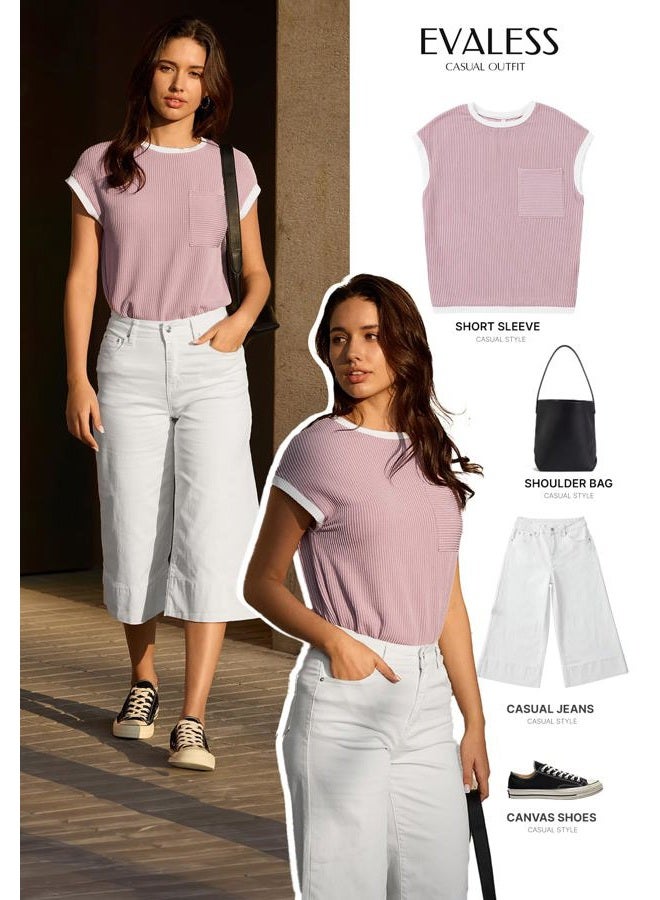 EVALESS Women's Short Sleeve T Shirts Crewneck Color Block Ribbed Knit Tee Blouses 2025 Trendy Summer Tops, Black, S - Image 5