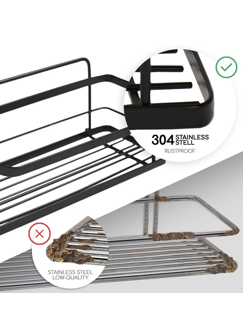 AMROAH - Steel 304 Shower Caddy Organizer, Bathroom Rustproof Shelf for Shampoo Holder, No Drilling Stand with 6 Hooks, Adhesive Bath Rack, Inside Shower Storage 2 Piece Set Black - Image 1