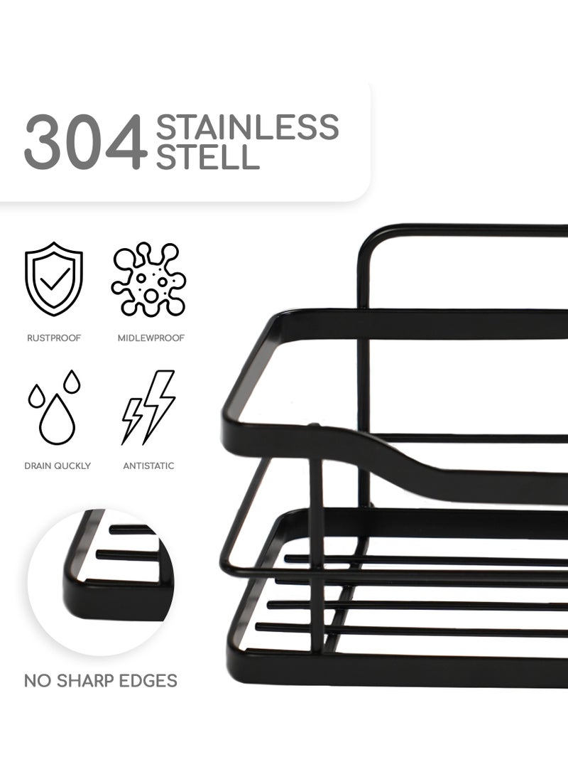 AMROAH - Steel 304 Shower Caddy Organizer, Bathroom Rustproof Shelf for Shampoo Holder, No Drilling Stand with 6 Hooks, Adhesive Bath Rack, Inside Shower Storage 2 Piece Set Black - Image 1