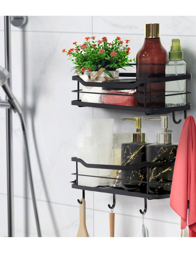 AMROAH - Steel 304 Shower Caddy Organizer, Bathroom Rustproof Shelf for Shampoo Holder, No Drilling Stand with 6 Hooks, Adhesive Bath Rack, Inside Shower Storage 2 Piece Set Black - Image 1