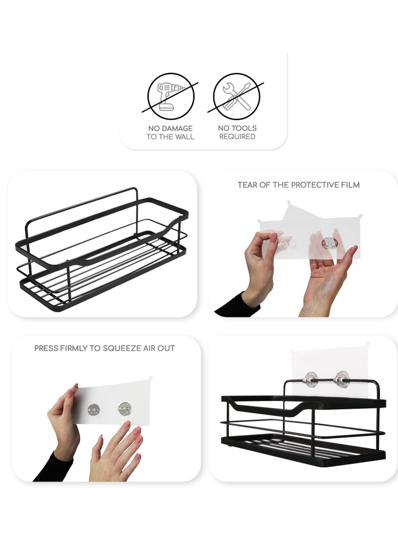 AMROAH - Steel 304 Shower Caddy Organizer, Bathroom Rustproof Shelf for Shampoo Holder, No Drilling Stand with 6 Hooks, Adhesive Bath Rack, Inside Shower Storage 2 Piece Set Black - Image 1