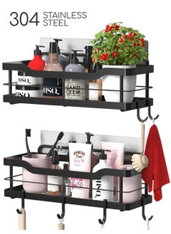 Steel 304 Shower Caddy Organizer, Bathroom Rustproof Shelf for Shampoo Holder, No Drilling Stand with 6 Hooks, Adhesive Bath Rack, Inside Shower Storage 2 Piece Set Black