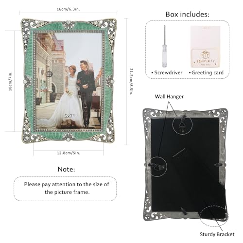 Goutangen 5x7 Vintage Green Picture Frame with Brass Metal Photo Frame Ornate Antique Art Decor, Clear Glass Front, Unique Gifts for Couple Women Wedding Mothers Day, Horizontally & Vertically - Image 2