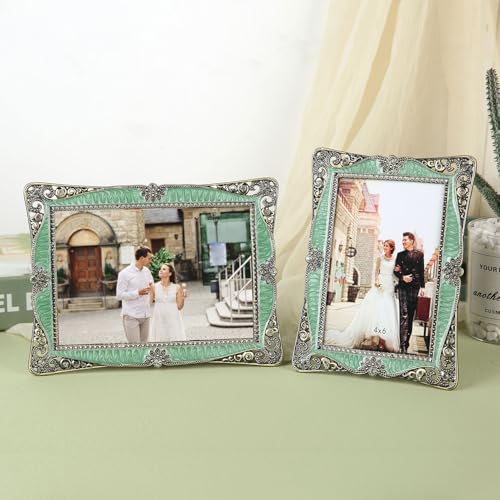 Goutangen 5x7 Vintage Green Picture Frame with Brass Metal Photo Frame Ornate Antique Art Decor, Clear Glass Front, Unique Gifts for Couple Women Wedding Mothers Day, Horizontally & Vertically - Image 5