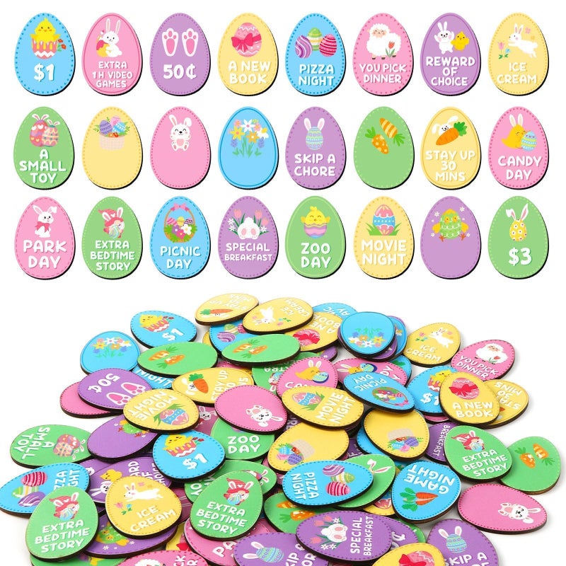 DTOFOOT 100 PCS Easter Egg Fillers, Wooden Easter Egg Tokens with 25 Different Designs Easter Prizes Stuffers Coins for Family Easter Egg Hunt Activities Party Favor Supplies - Image 1