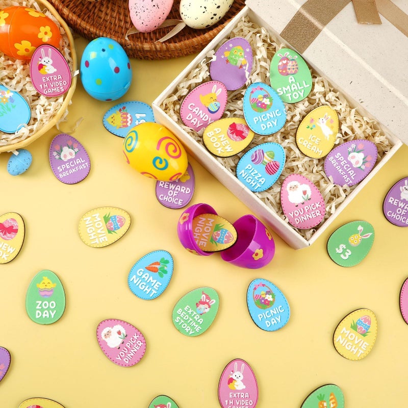 DTOFOOT 100 PCS Easter Egg Fillers, Wooden Easter Egg Tokens with 25 Different Designs Easter Prizes Stuffers Coins for Family Easter Egg Hunt Activities Party Favor Supplies - Image 3
