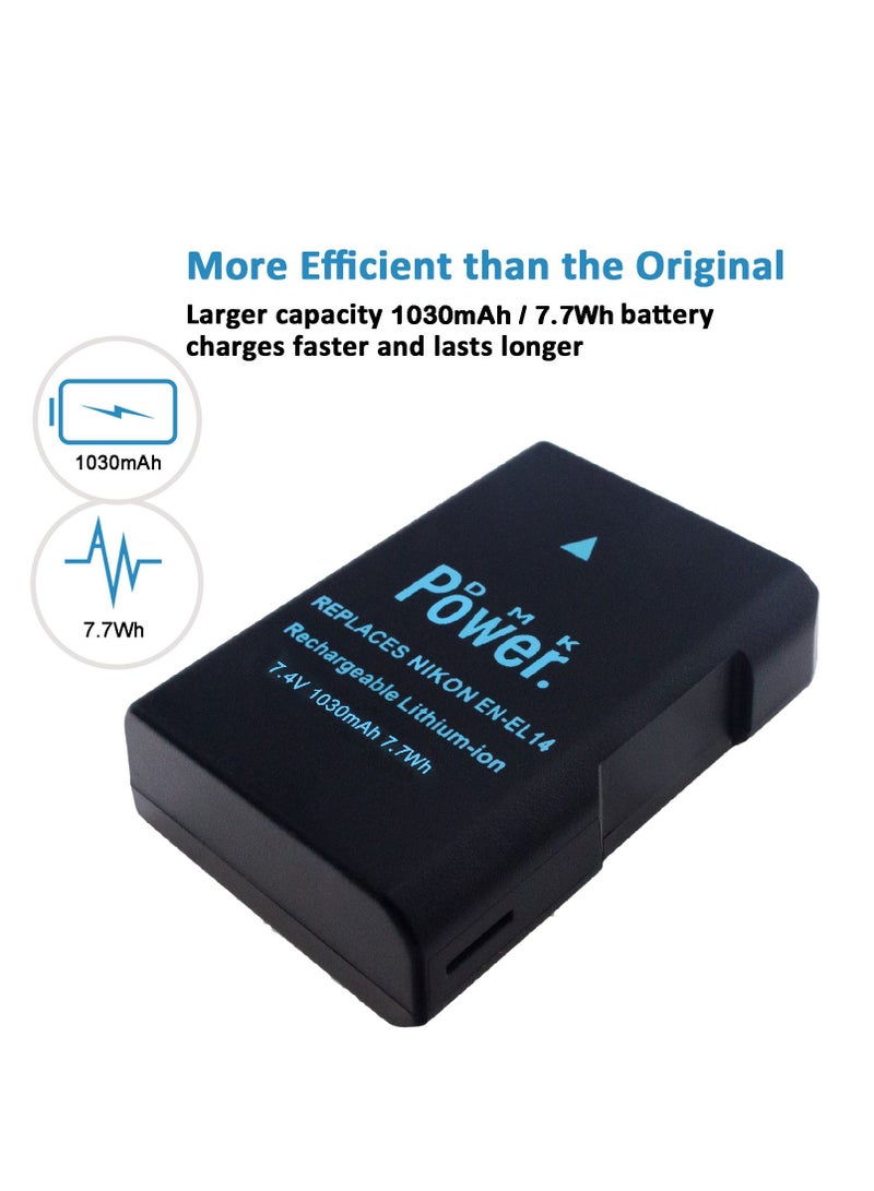 DMK Power بطارية DMK Power 2 x EN-EL14 سعة 1030mAh 7.7Wh مع شاحن البطارية TC-USB1 متوافق مع كاميرات نيكون D5600 D5500 D5200 D5300 D5100 D3400 D3300 D3200 D3100 Coolpix P7000 P7100 P7200 P7700 P7800 - Image 3
