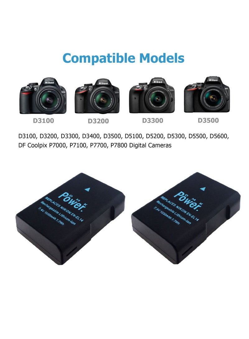 DMK Power بطارية DMK Power 2 x EN-EL14 سعة 1030mAh 7.7Wh مع شاحن البطارية TC-USB1 متوافق مع كاميرات نيكون D5600 D5500 D5200 D5300 D5100 D3400 D3300 D3200 D3100 Coolpix P7000 P7100 P7200 P7700 P7800 - Image 4