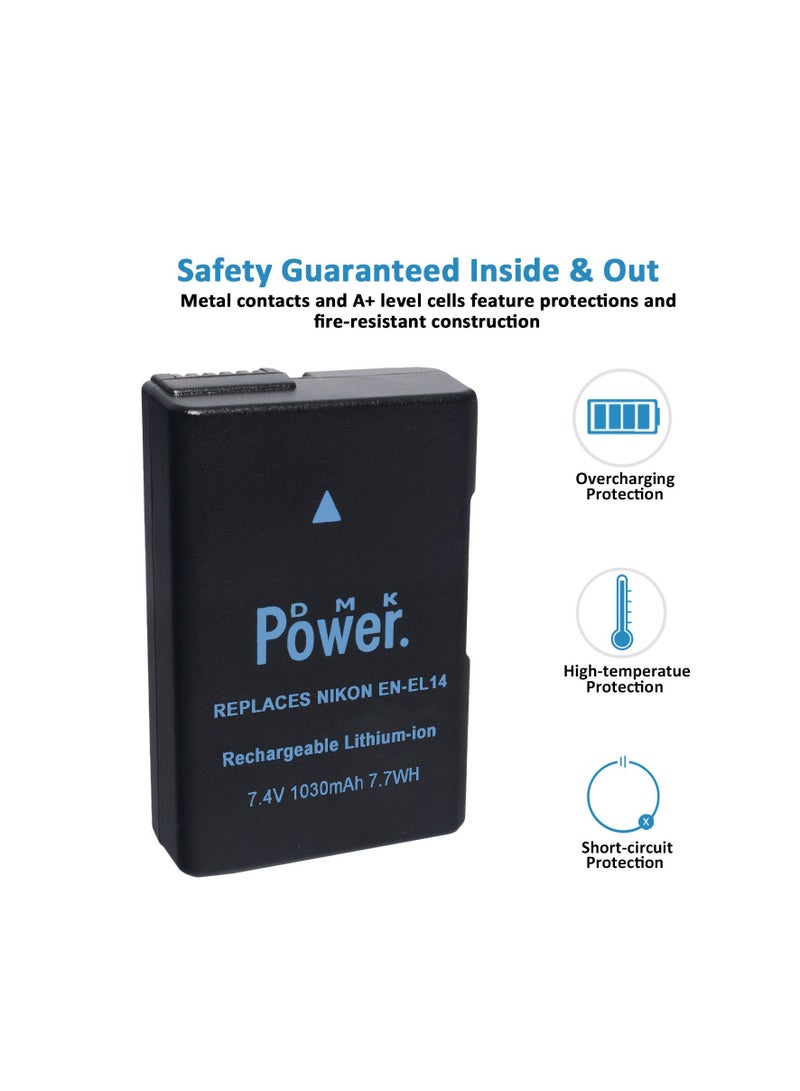 DMK Power بطارية DMK Power 2 x EN-EL14 سعة 1030mAh 7.7Wh مع شاحن البطارية TC-USB1 متوافق مع كاميرات نيكون D5600 D5500 D5200 D5300 D5100 D3400 D3300 D3200 D3100 Coolpix P7000 P7100 P7200 P7700 P7800 - Image 2