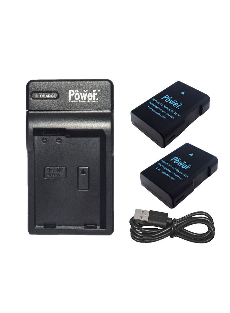DMK Power بطارية DMK Power 2 x EN-EL14 سعة 1030mAh 7.7Wh مع شاحن البطارية TC-USB1 متوافق مع كاميرات نيكون D5600 D5500 D5200 D5300 D5100 D3400 D3300 D3200 D3100 Coolpix P7000 P7100 P7200 P7700 P7800 - Image 1
