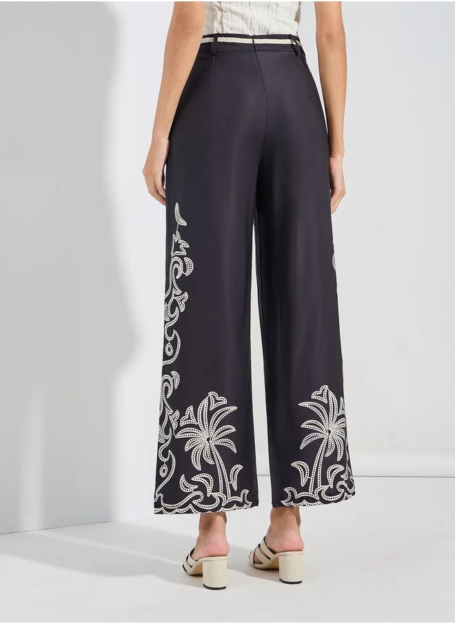 ستايلي Graphic Print Straight Fit Pants with Rope Tie-Up