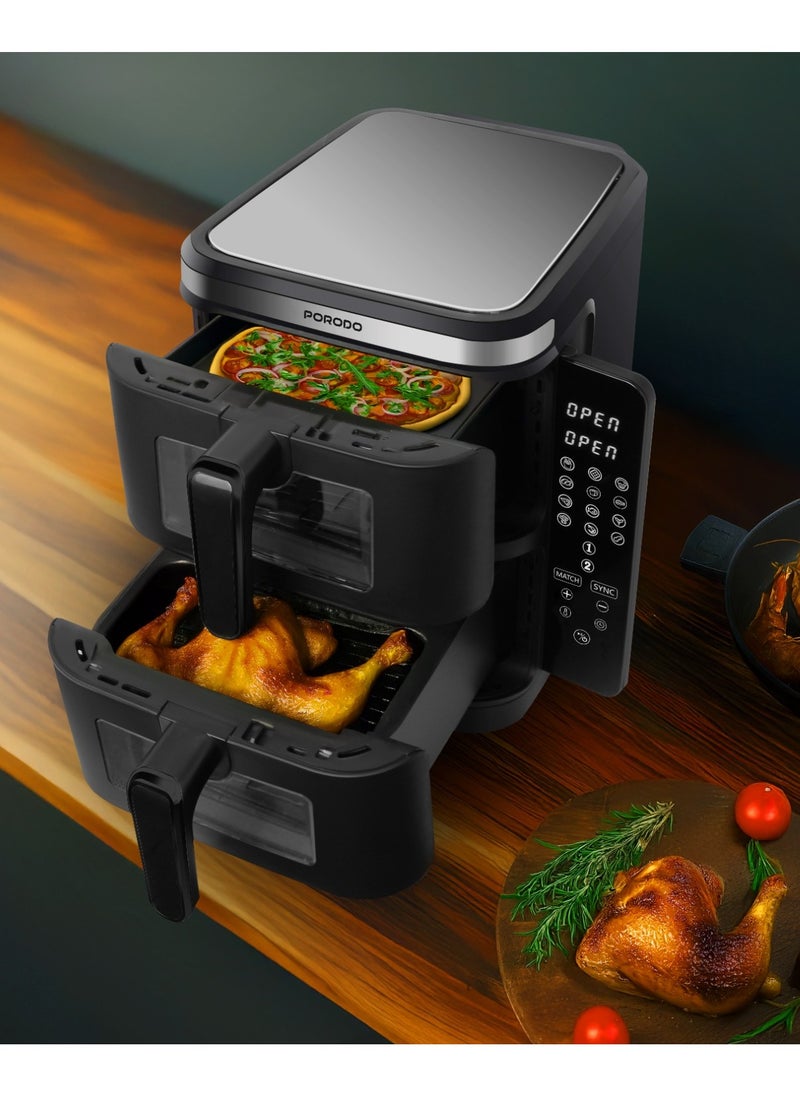 porodo - 11L Air Fryer Double Stack 5.5L+5.5L Capacity 2800W with Info Display & Touch Panel / 12 Presets / Versatile Cooking Functions / High-Efficiency Cooking / Healthier meals - Black - Image 1
