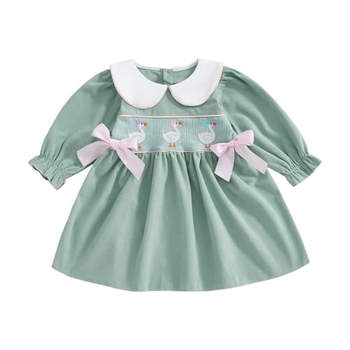 BULINGNA Toddler Baby Girl Silly Goose Outfits Long Sleeve Doll Collar Birthday Cute Goose Dress Smocked Baby Girl Clothes (Green, 12-18 Months) - Image 1