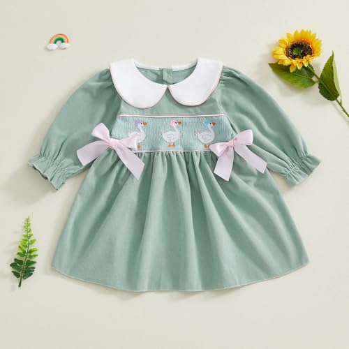 BULINGNA Toddler Baby Girl Silly Goose Outfits Long Sleeve Doll Collar Birthday Cute Goose Dress Smocked Baby Girl Clothes (Green, 12-18 Months) - Image 3