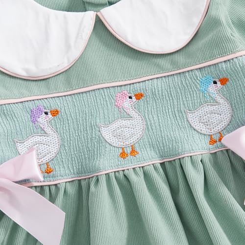 BULINGNA Toddler Baby Girl Silly Goose Outfits Long Sleeve Doll Collar Birthday Cute Goose Dress Smocked Baby Girl Clothes (Green, 12-18 Months) - Image 5