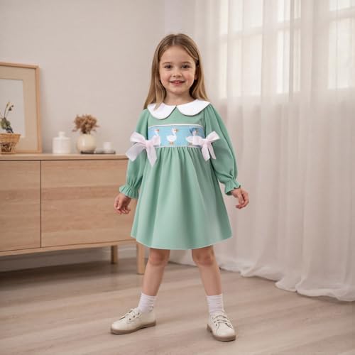 BULINGNA Toddler Baby Girl Silly Goose Outfits Long Sleeve Doll Collar Birthday Cute Goose Dress Smocked Baby Girl Clothes (Green, 12-18 Months) - Image 2