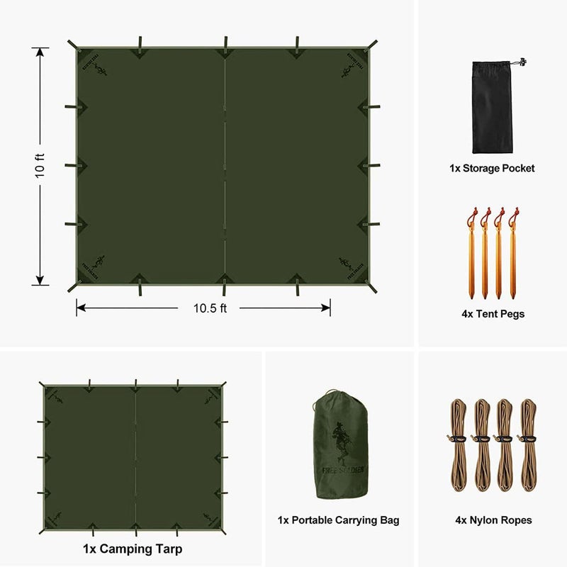 FREE SOLDIER Camping Tarp Waterproof Portable Multifunctional Outdoor Camping Traveling Awning Backpacking Shelter Rain Tarp (Dark Green 10Ã—10.5ft) - Image 2