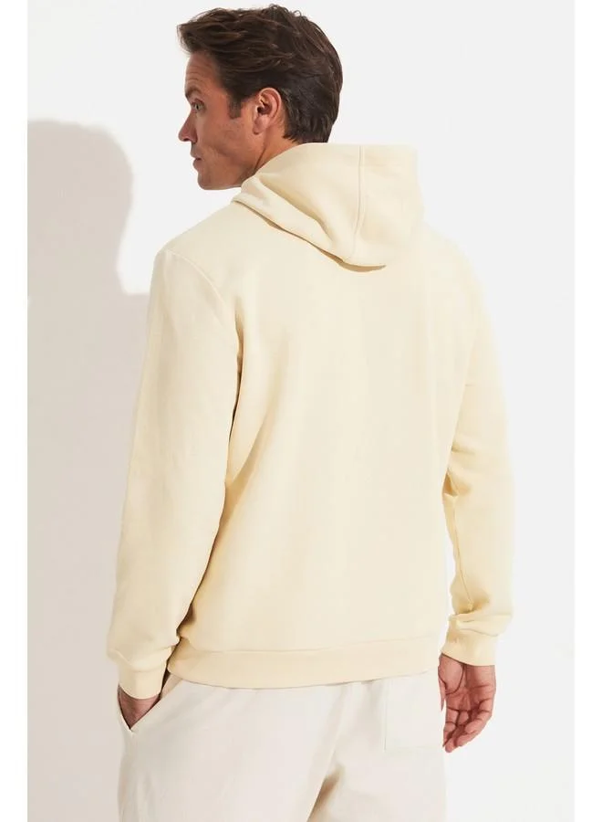 جون June Men Regular Fit Kangaroo Pocket Hooded Embroidered Sweatshirt Beige