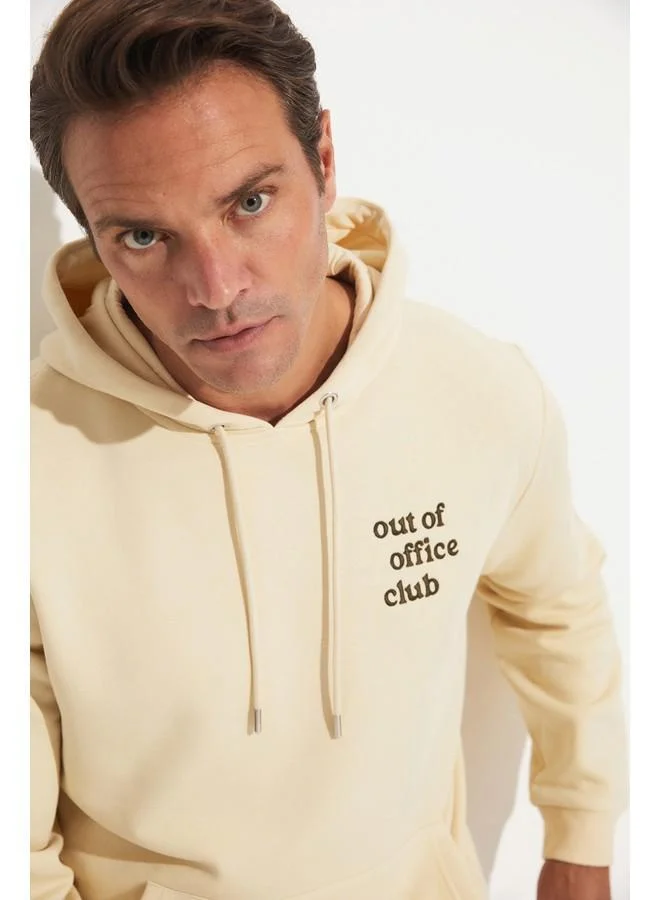 جون June Men Regular Fit Kangaroo Pocket Hooded Embroidered Sweatshirt Beige