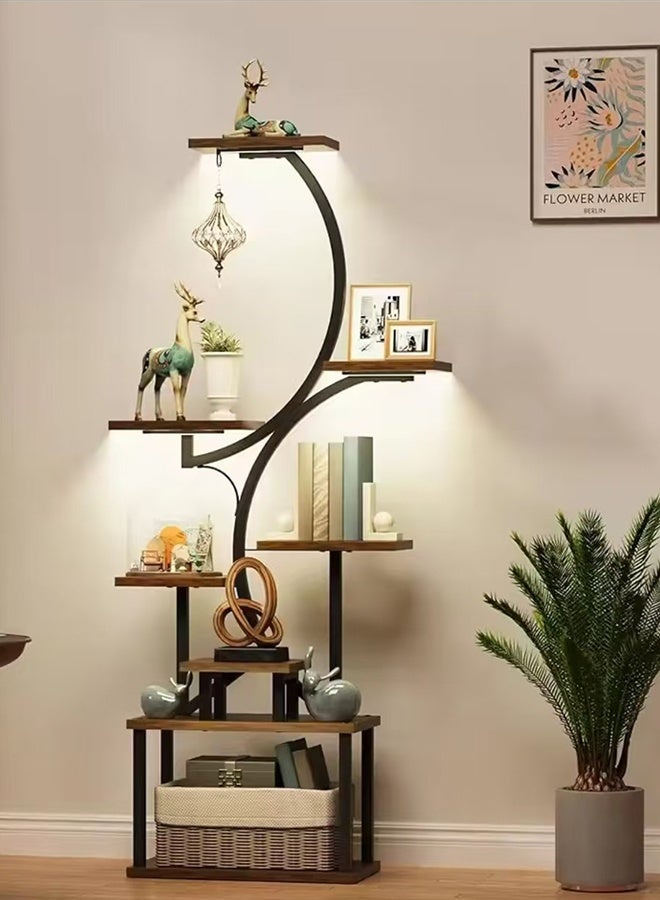 JCB CHIC رف كتب مزود بأضواء نمو، حامل نباتات معدني على شكل حرف S، رف تخزين طويل بـ 8 طبقات، أرفف مفتوحة، رف زاوية حائطي قائم بذاته لتخزين الكتب وتزيينها  رف عرض - Image 1