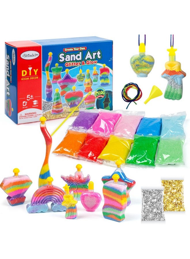 شيندل مجموعة شيندل للفنون والحرف اليدوية الرملية للأطفال، 36 قطعة، 8 أشكال من الزجاجات، 10 أكياس رمل ملونة و2 رمل لامع، نشاط رائع لقضاء العطلات أو المجموعات، ألعاب صندوق الرمل - Image 1