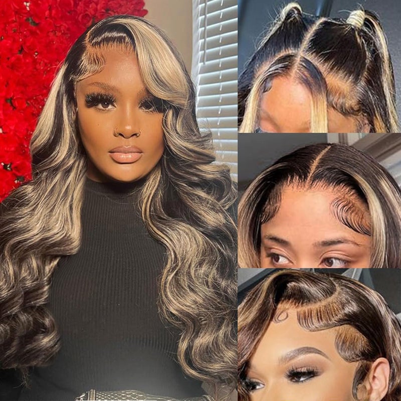 Daules 26 Inch 1B27 Highlight Lace Front Wig Human Hair Pre Plucked Balayage Wig 13x6 HD Lace Ombre Body Wave Wig 180 Density Glusless Wigs Human Hair for Women - Image 2