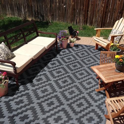 SAND MINE Waterproof Outdoor Rug 5x8 ft Plastic Reversible Rug Modern Area Rug Large Floor Mat for Outdoors RV Patio Backyard Deck Picnic Beach Camping Black Grey Lattice
