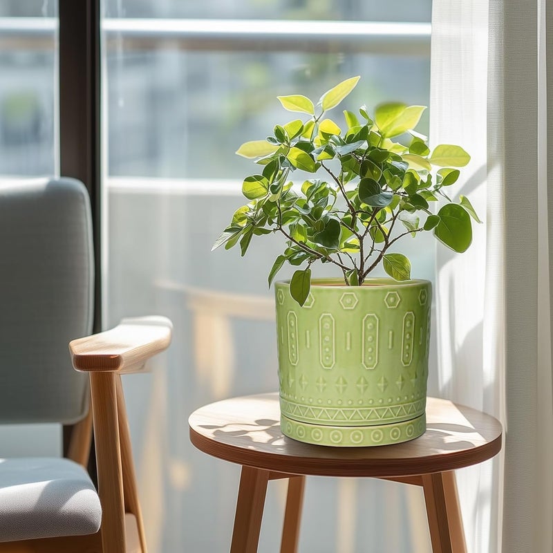 Eightpot 8 Inch Plant Pots - Ceramic Planter for Indoor Plants Outdoor, Round Ceramic Flower Pots with Drainage Hole and Saucer, Boho Decorative Planter, Home Bedroom Decor, Birthday Gifts, Green - Image 2