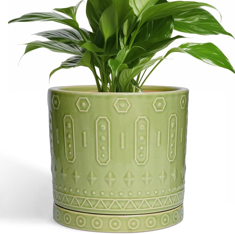 Eightpot 8 Inch Plant Pots - Ceramic Planter for Indoor Plants Outdoor, Round Ceramic Flower Pots with Drainage Hole and Saucer, Boho Decorative Planter, Home Bedroom Decor, Birthday Gifts, Green - Image 1
