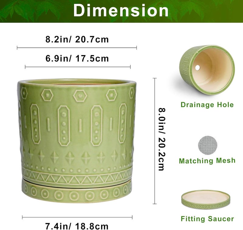 Eightpot 8 Inch Plant Pots - Ceramic Planter for Indoor Plants Outdoor, Round Ceramic Flower Pots with Drainage Hole and Saucer, Boho Decorative Planter, Home Bedroom Decor, Birthday Gifts, Green - Image 3