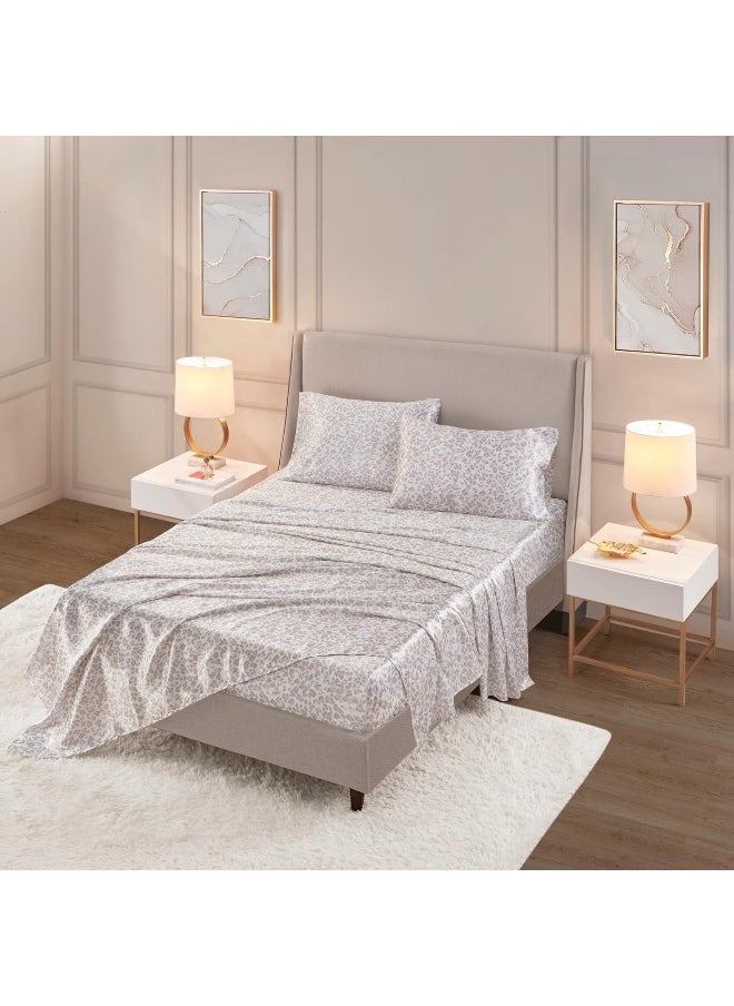 madison park - Madison Park Essentials Satin Sheet Set Luxury and Silky with Natural Sheen, Elastic 14" Pocket fits up to 16" Mattress, All Around Elastic - Year-Round Bedding, Queen Taupe Leopard 4 Piece - Image 1