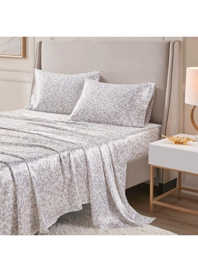 madison park - Madison Park Essentials Satin Sheet Set Luxury and Silky with Natural Sheen, Elastic 14" Pocket fits up to 16" Mattress, All Around Elastic - Year-Round Bedding, Queen Taupe Leopard 4 Piece - Image 1