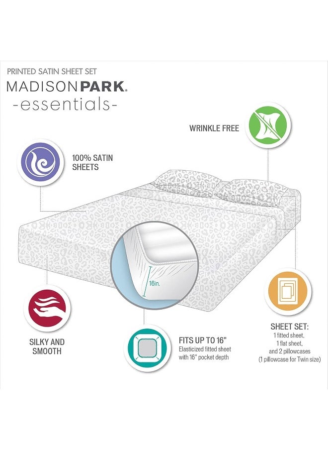madison park - Madison Park Essentials Satin Sheet Set Luxury and Silky with Natural Sheen, Elastic 14" Pocket fits up to 16" Mattress, All Around Elastic - Year-Round Bedding, Queen Taupe Leopard 4 Piece - Image 1