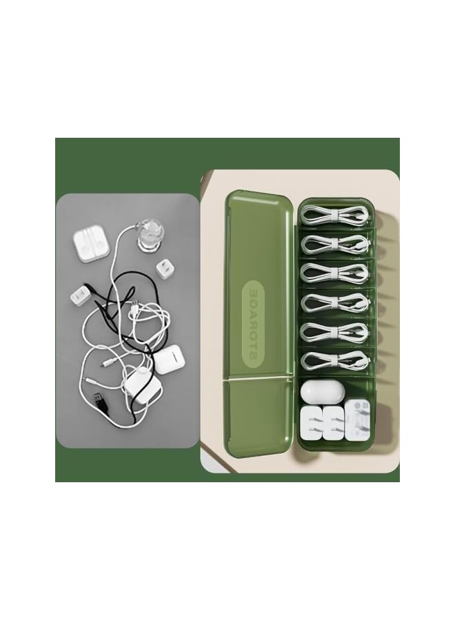 promass Cable Storage Box, Desktop Data Cable Storage Box with 10 Cable Organizer, Cell Phone Charger, Charging Cable Sorting, Divided Box with Cover for Home, Office(Blackish Green) - Image 3