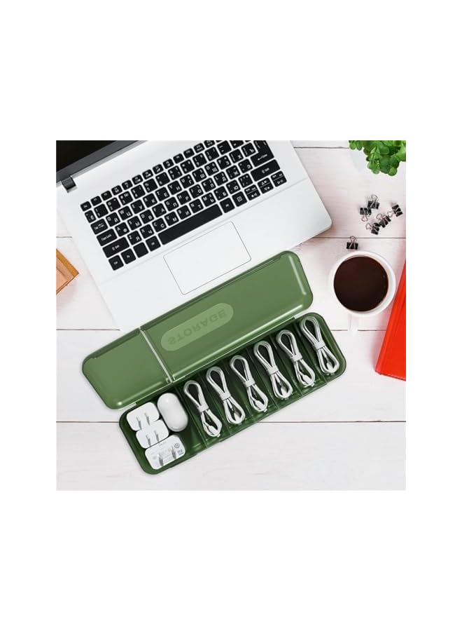 promass Cable Storage Box, Desktop Data Cable Storage Box with 10 Cable Organizer, Cell Phone Charger, Charging Cable Sorting, Divided Box with Cover for Home, Office(Blackish Green) - Image 5