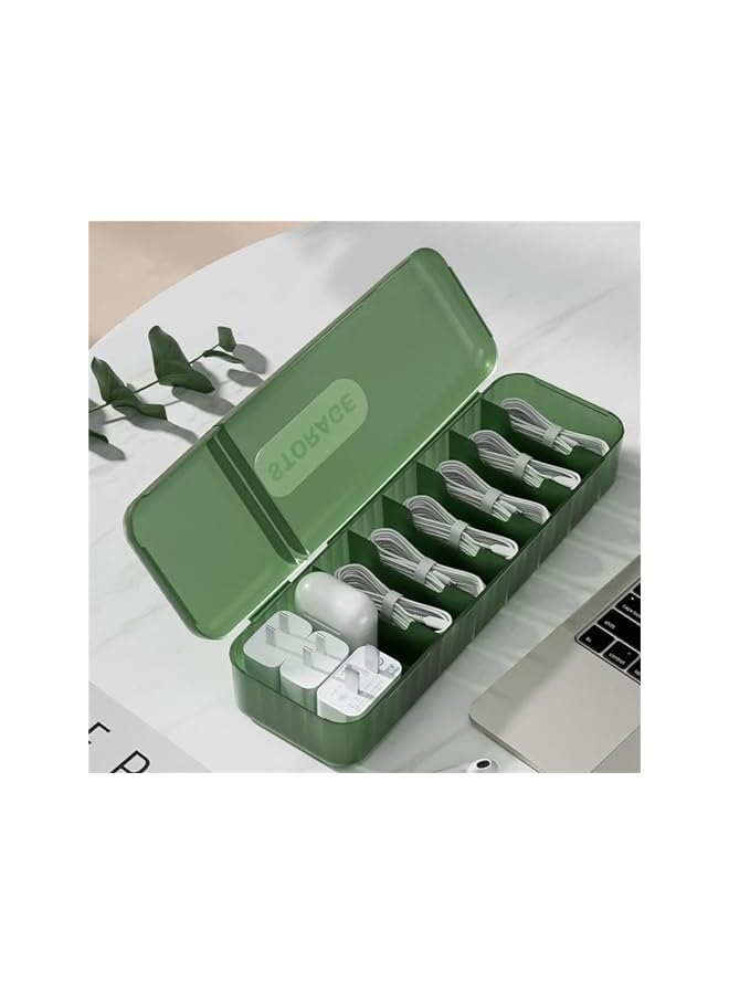 promass Cable Storage Box, Desktop Data Cable Storage Box with 10 Cable Organizer, Cell Phone Charger, Charging Cable Sorting, Divided Box with Cover for Home, Office(Blackish Green) - Image 4
