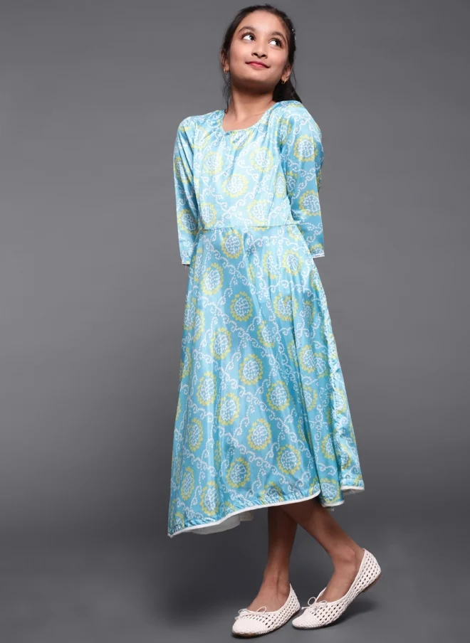 AKS Turquoise Blue A-Line Midi Dress for Girls