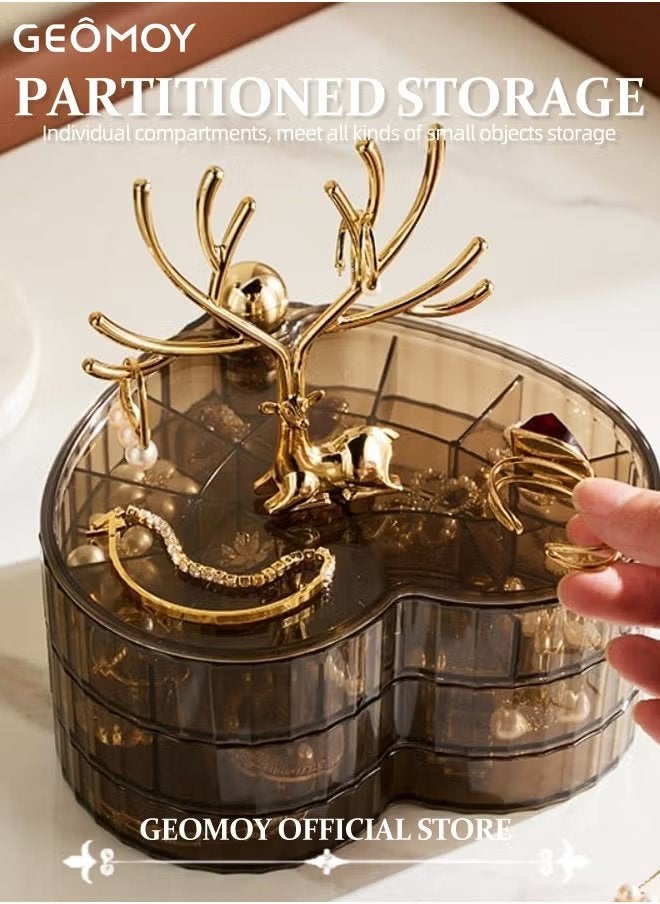 Geomoy 3 Layers Rotating Heart Shape Jewelry Organizer Box with Deer Decor Clear Acrylic Waterproof and Dustproof Jewelry Display Case with Cover Jewelry Tray Case for Rings, Earrings, Bracelets  - Image 2
