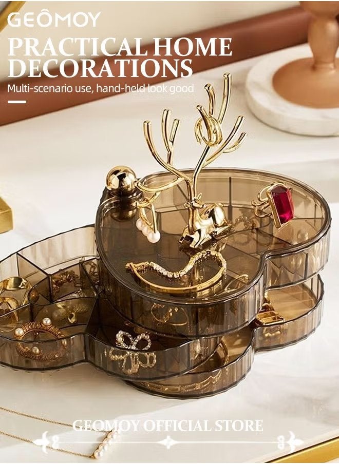 Geomoy 3 Layers Rotating Heart Shape Jewelry Organizer Box with Deer Decor Clear Acrylic Waterproof and Dustproof Jewelry Display Case with Cover Jewelry Tray Case for Rings, Earrings, Bracelets  - Image 3