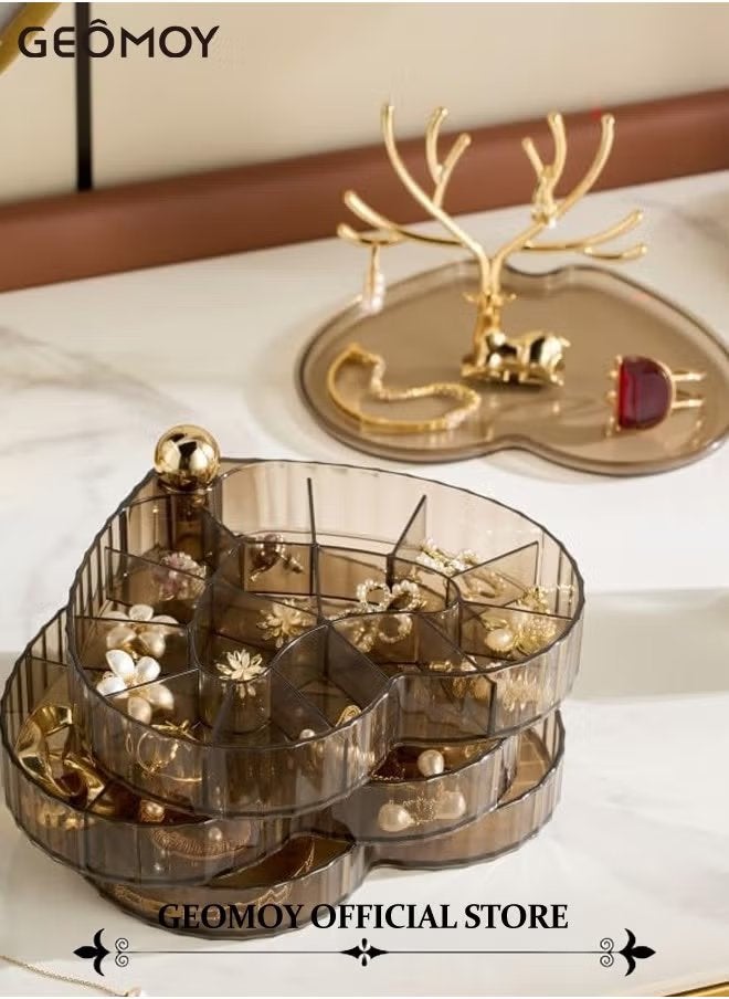 Geomoy 3 Layers Rotating Heart Shape Jewelry Organizer Box with Deer Decor Clear Acrylic Waterproof and Dustproof Jewelry Display Case with Cover Jewelry Tray Case for Rings, Earrings, Bracelets  - Image 4