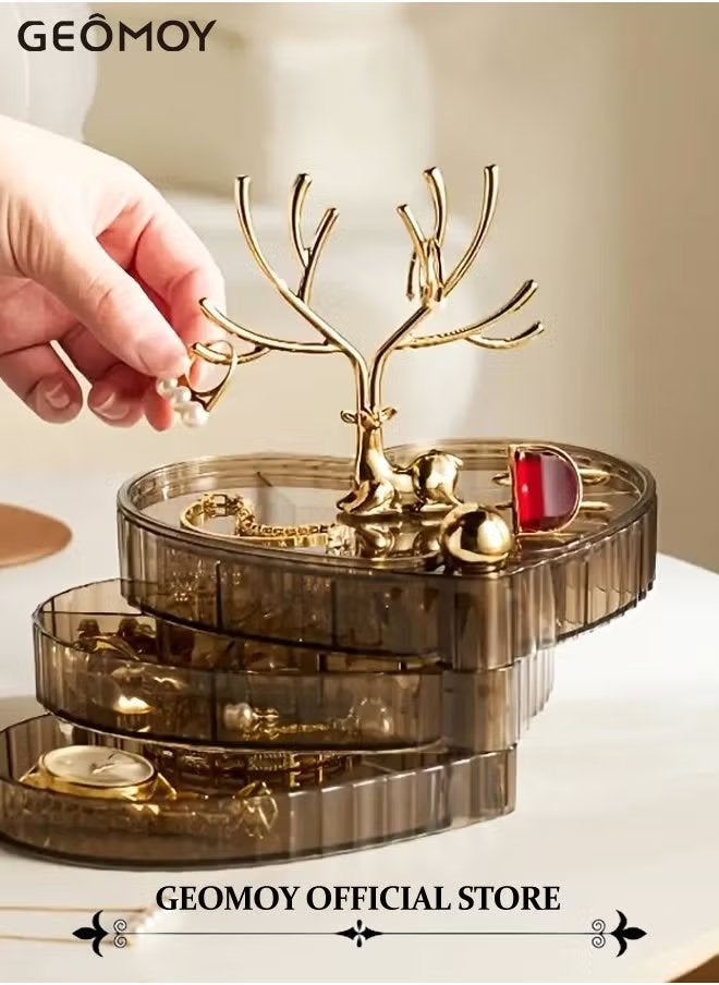 Geomoy 3 Layers Rotating Heart Shape Jewelry Organizer Box with Deer Decor Clear Acrylic Waterproof and Dustproof Jewelry Display Case with Cover Jewelry Tray Case for Rings, Earrings, Bracelets  - Image 5